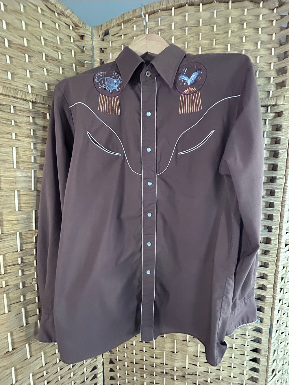 Vintage Western Pearl Snap Embroidered Buffalo Shirt Rocking Ranchwear Cowboy L
